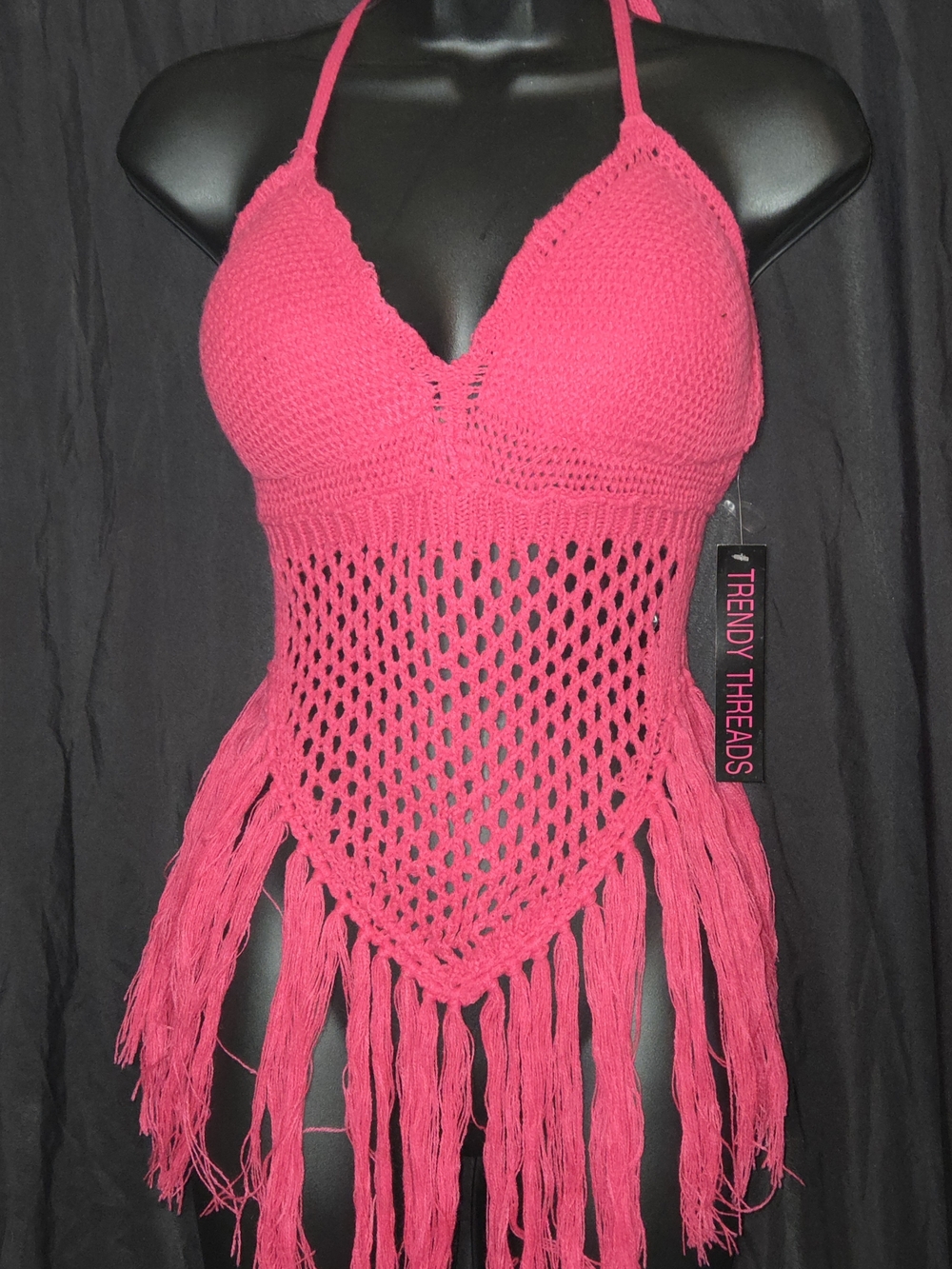 Women's Hot Pink Crochet Halter Top with Fringe
